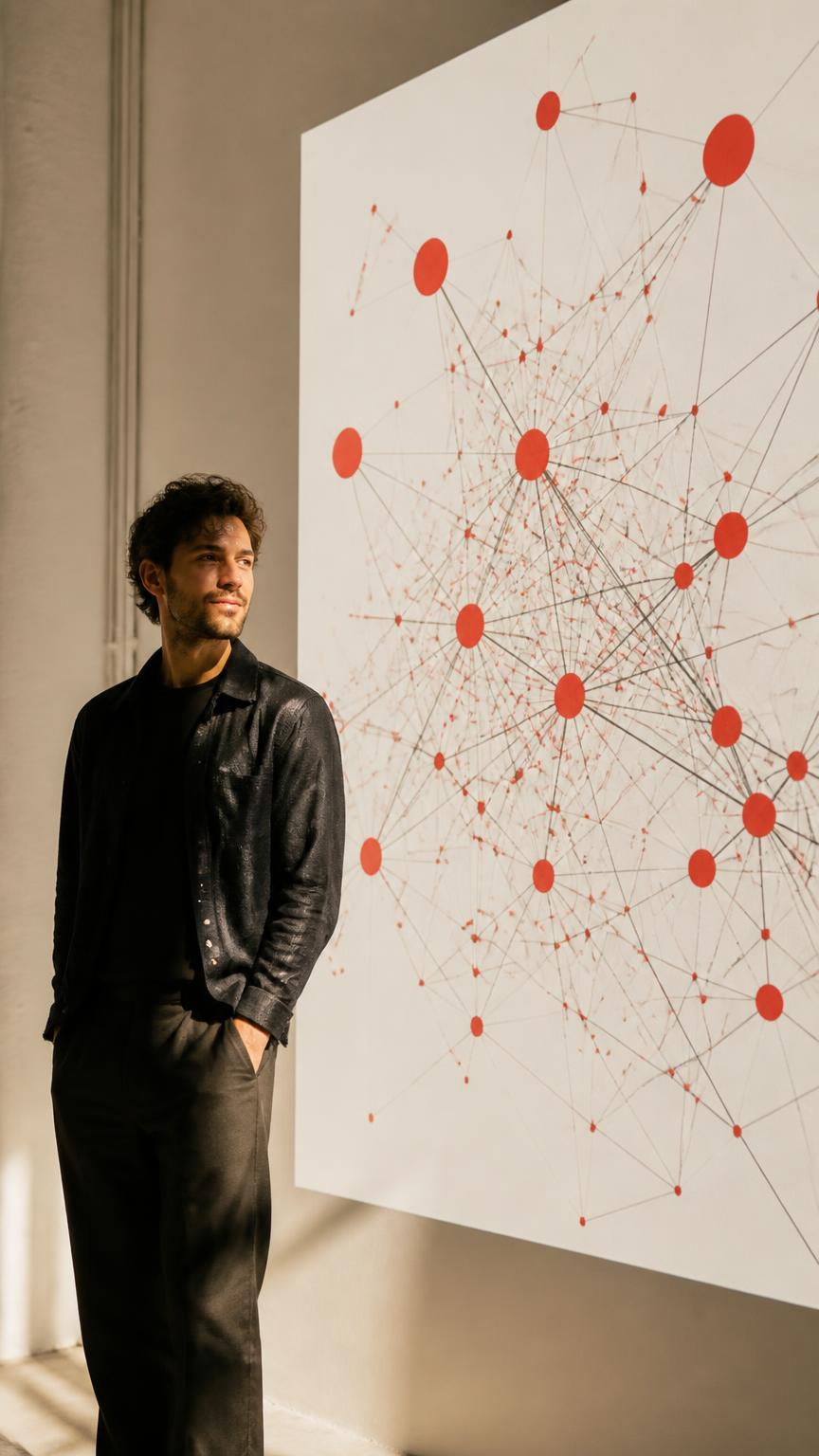 Founder beside a large backlink network visualization